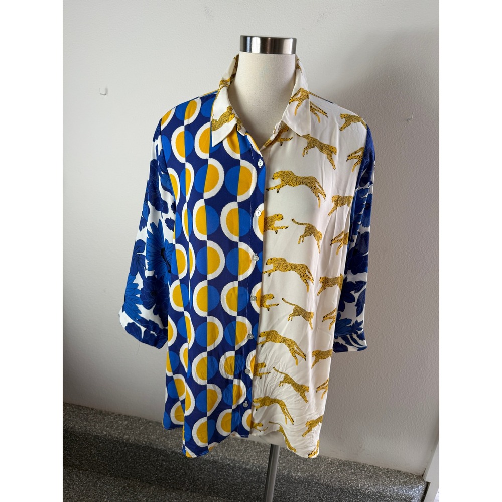 Rose + Olive Womens Plus 1X Mixed Print Cheetah Floral Geometric Button Up Shirt